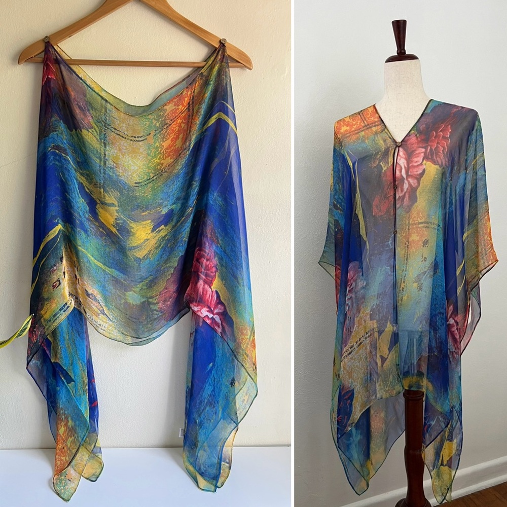Silky Mixed Print Abstract Watercolor Multi Functional Kimono Layering Piece